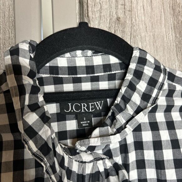 J Crew Gingham Button Up Shirt Black White Checkered Ruffle Trip Size 2 - Picture 4 of 7